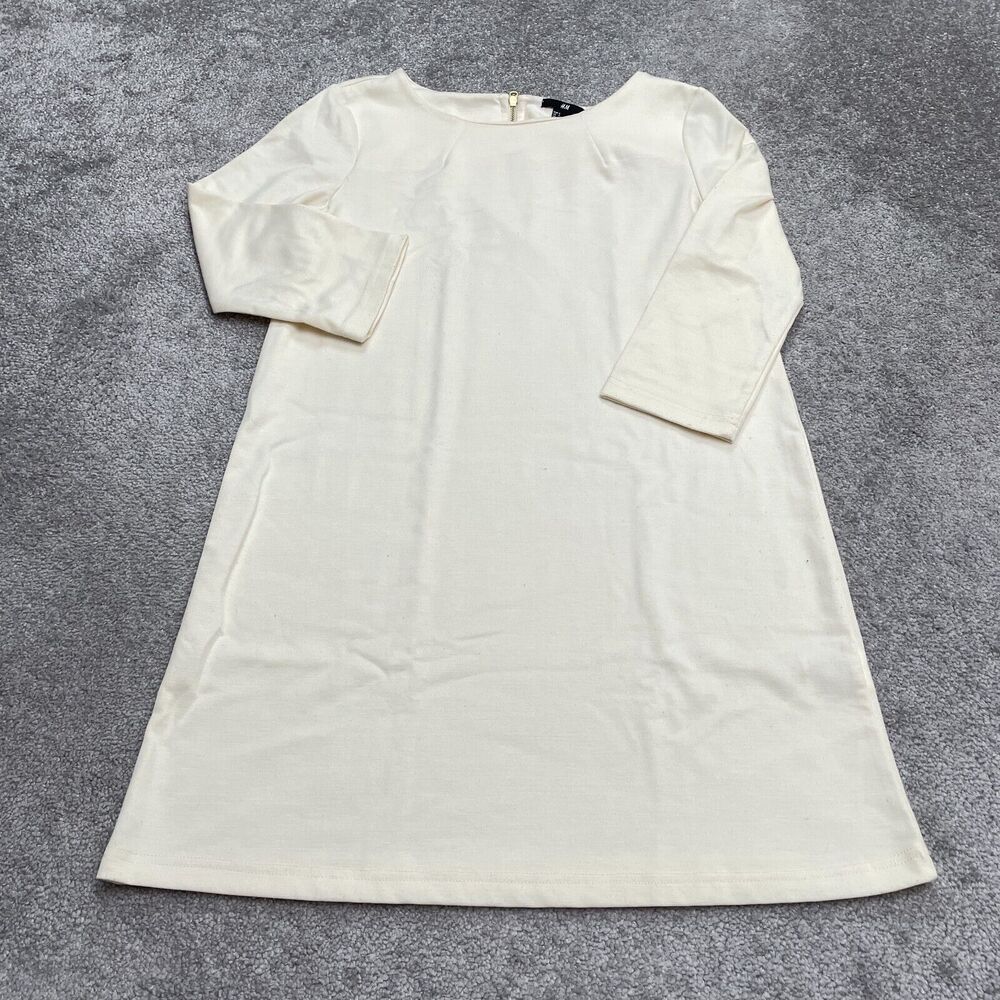 H&M Long Maxi Shift Dress Womens Small Ivory Solid Long Sleeve Round Neck Work
